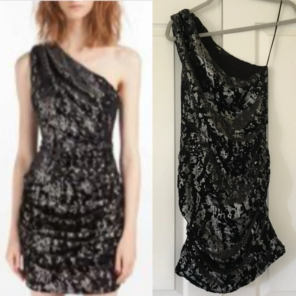 MAJE Douce Silk Blend Velvet Shimmer One Shoulder Bodycon Ruched Minidress